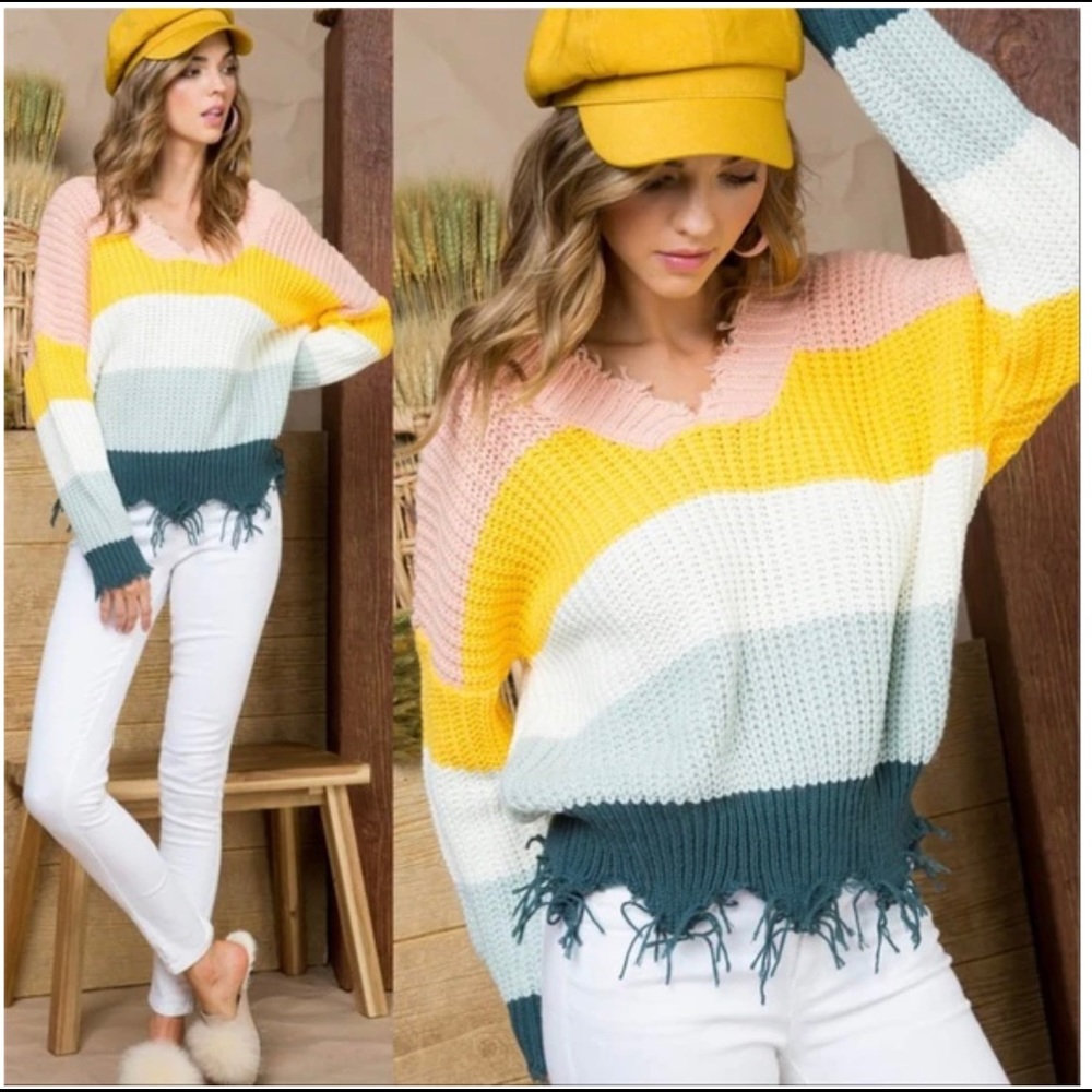 Main Strip Colorblock V Neck Distressed Frayed Hem Oversized Knit Sweater Size M